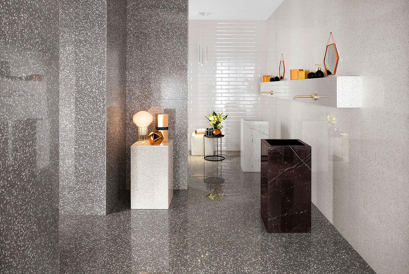 Керамическая плитка Marvel Terrazzo Grey 40x80, Marvel Terrazzo White 40x80, Brick Atelier Brick Bevel White 8x31,5,Керамогранит Marvel Carrara Pure Lappato 45x90, Marvel Gems Terrazzo Grey Lappato 75x150